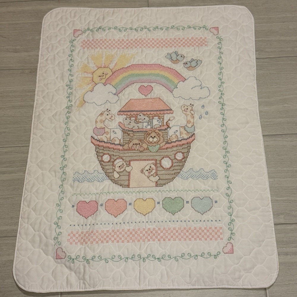 VTG 1993 Bucilla Noahs Ark Cross Stitch Baby Crib Quilt 64003 Handmade 31x40